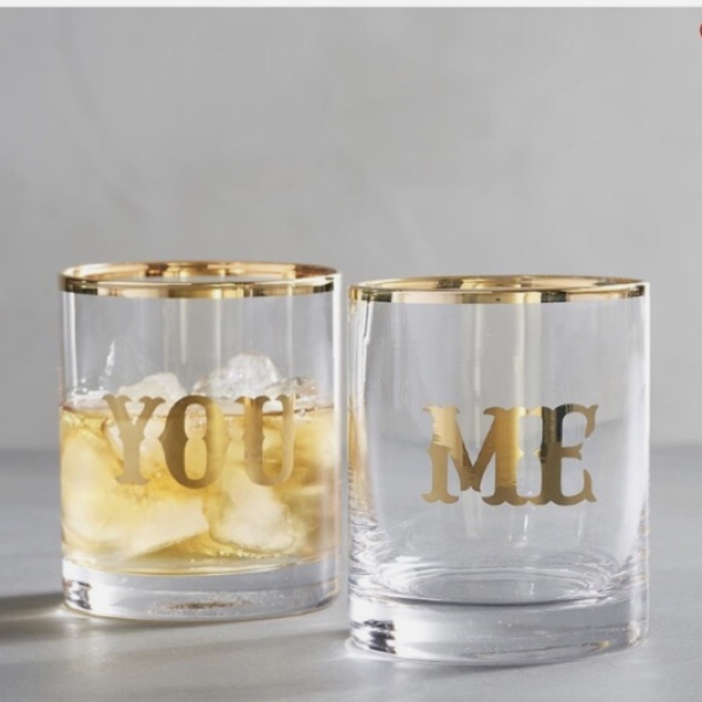 Pottery Barn Gold Rimmed YOU & ME Glass Set